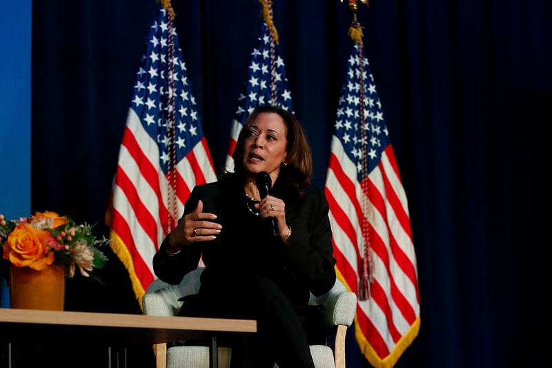 S Vice President Kamala Harris attends a moderated conversation with former Trump administration national security official Olivia Troye and former Republican voter Amanda Stratton on July 17, 2024 in Kalamazoo, Michigan.