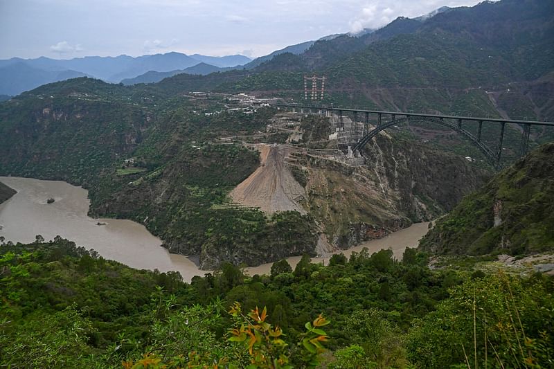 A general view of Chenab bridge, the world's highest rail arch bridge in Reasi, Jammu and Kashmir on 6 July 2024.