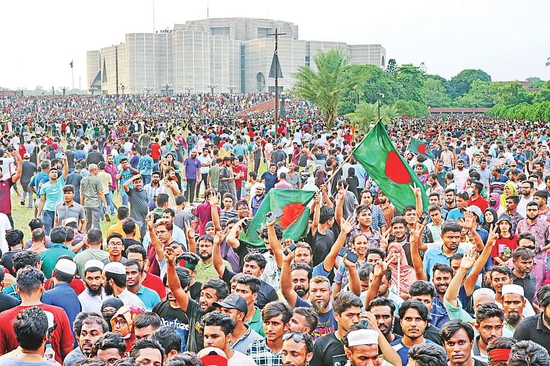 Millions of people gather in parliament area in Dhaka after the resignation of prime minister Sheikh Hasina on 6 August 2024.