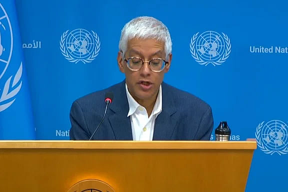 UN secretary general's deputy spokesman Farhan Haq speaks at a press briefing on 8 August, 2024.