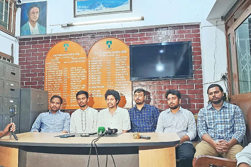 The liaison committee of the Students Against Discrimination during a press conference at the office of Dhaka University Journalists’ Association on 8 August 2024.