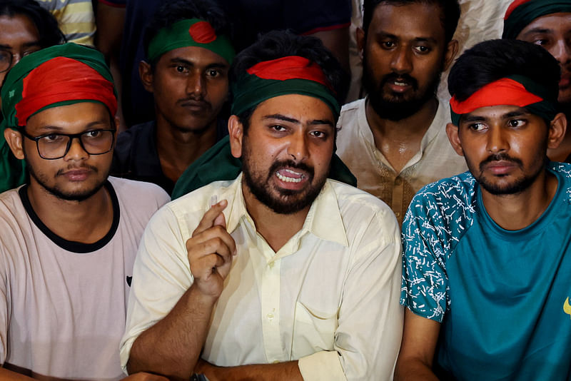 Nahid Islam, one of the main coordinators of the Students Against Discrimination, attends a press briefing after the resignation of former Prime Minister Sheikh Hasina, in Dhaka on 5 August