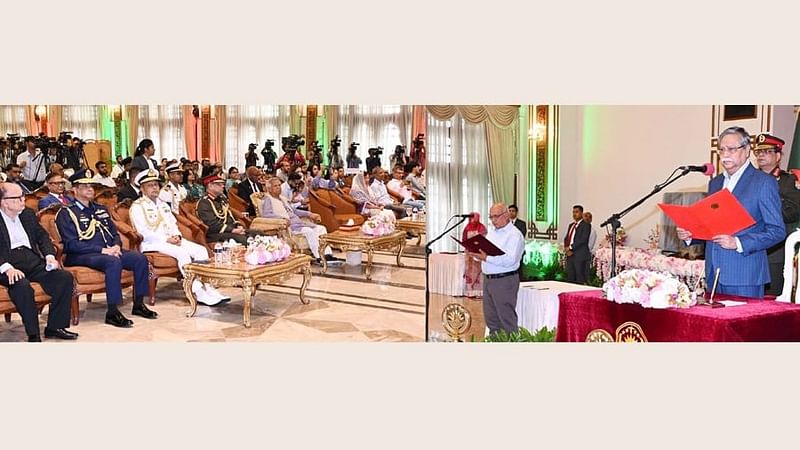 President Mohammed Shahabuddin administers the oath of Farooq-e-Azam Bir Protik at Bangabhaban on 13 August 2024