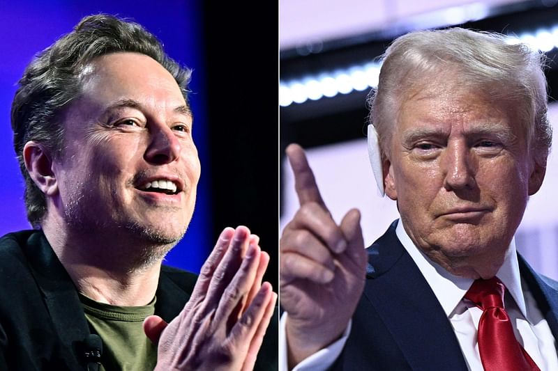 This combination of pictures created on 12 August 2024 shows, L-R, Tesla CEO Elon Musk speaking at the 27th annual Milken Institute Global Conference at the Beverly Hilton in Los Angeles on 6 May 2024 and former US President and 2024 Republican presidential candidate Donald Trump standing onstage during the last day of the 2024 Republican National Convention at the Fiserv Forum in Milwaukee, Wisconsin, on 18 July 2024.