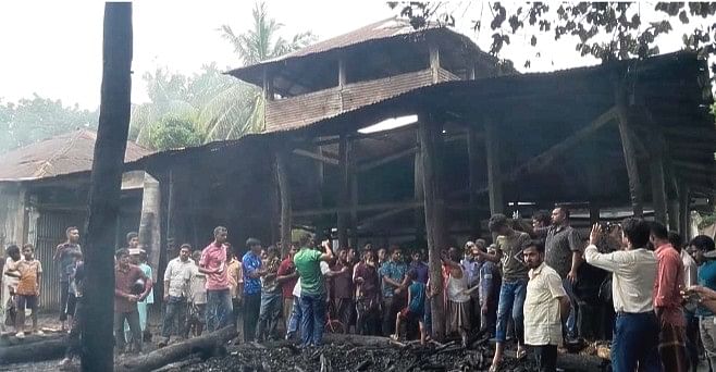 Miscreants set fire to a cowshed at a house of a Hindu community in Soarikandi village in Sadar upazila of Netrokona on 11 August night. The picture was taken on 12 August.