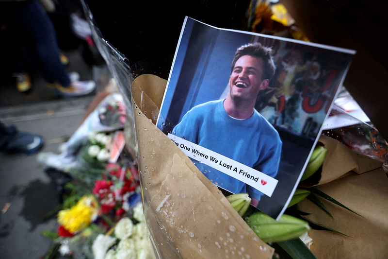 A makeshift memorial for actor Matthew Perry, the wise-cracking co-star of the 1990s hit television sitcom 'Friends', who was found dead at his Los Angeles home 28 October, is pictured on Bedford Street in Manhattan in New York City, US, 30 October, 2023.