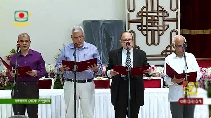 (From left) Jahangir Alam Chowdhury, Muhammad Fouzul Kabir Khan, Ali Imam Majumder and Wahiduddin Mahmud take oath as advisors of the interim government on 16 August 2024