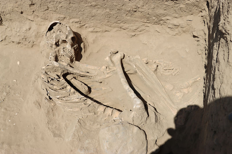 Human remains are pictured after they were discovered by archaeologists at burial sites from around 3,800 years ago, in La Libertad, Peru 9 August, 2024.