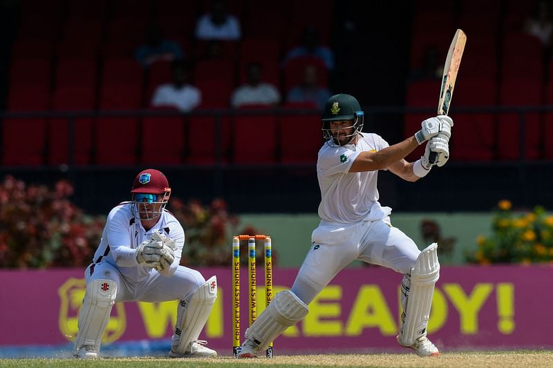 Aiden Markram (R) of South Africa hits 4 as Joshua Da Silva (L) of West Indies watches during Day 2 of the 2nd Test match between West Indies and South Africa at Guyana National Stadium in Providence, Guyana, on 16 August, 2024.