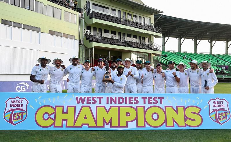 South Africa team pose with the trophy after winning on Day 3 of the 2nd Test match between West Indies and South Africa at Guyana National Stadium in Providence, Guyana, on 17 August, 2024.