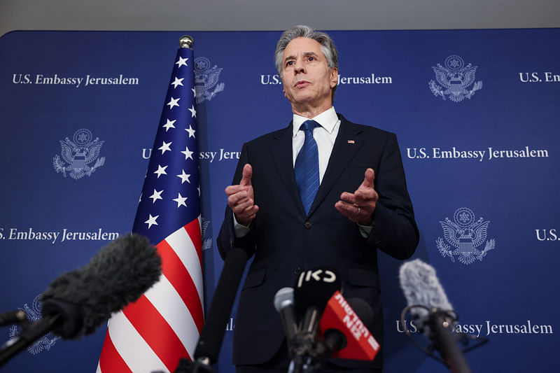 US Secretary of State Antony Blinken speaks to members of the press, at David Kempinski Hotel, in Tel Aviv, Israel, 19 August 2024.