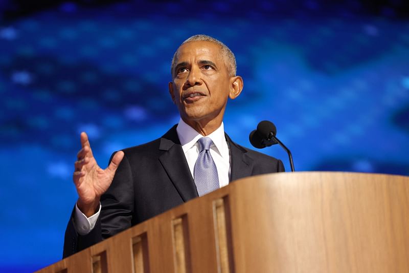 Former US President Barack Obama speaks on stage on the second day of the Democratic National Convention (DNC) at the United Center in Chicago, Illinois, on 20 August 2024.