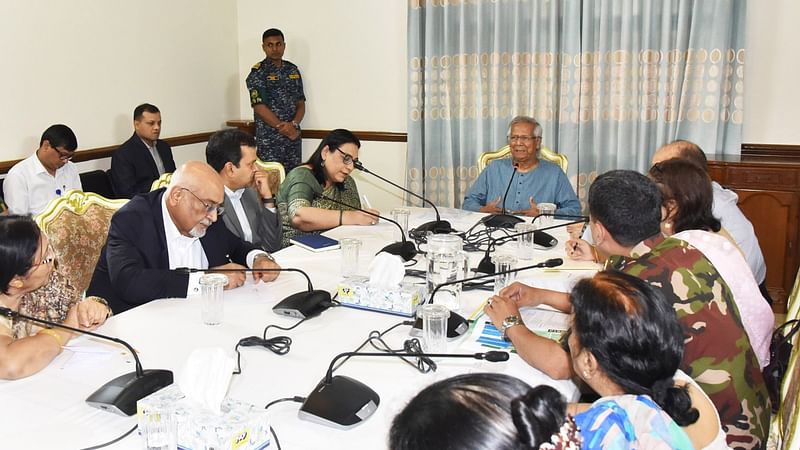 Dr Muhammad Yunus speaks at a meeting with NGO representatives in Dhaka on 24 August, 2024.