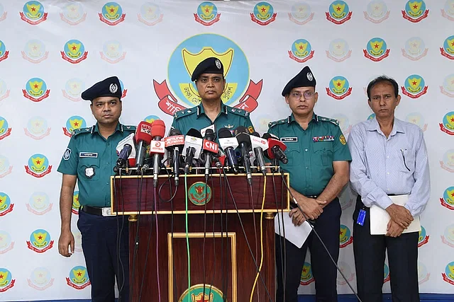 DMP commissioner Mainul Hasan speaks to the media in Dhaka on 24 August 2024.