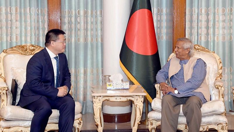 Yao Wen, the ambassador of China to Bangladesh, pays a courtesy call on the chief adviser at the state guest house Jamuna in Dhaka on 25 August, 2024.