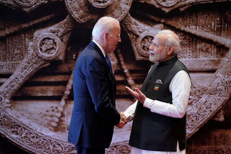 Indian Prime Minister Narendra Modi welcomes U.S. President Joe Biden upon his arrival at Bharat Mandapam convention center for the G20 Summit, in New Delhi, India, Saturday, 9 September 2023