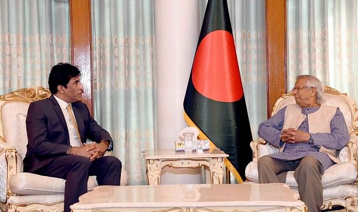 Pakistan High Commissioner in Dhaka Syed Ahmed Maroof pays a courtesy call on Chief Adviser Dr. Muhammad Yunus at the State Guest House Jamuna on 27 August 2024