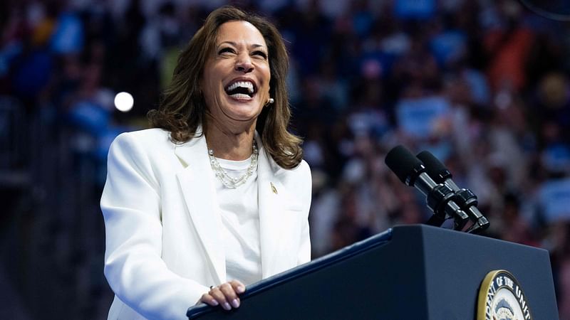 Democratic Presidential candidate US Vice President Kamala Harris speaks at a campaign rally at Enmarket Arena during a two-day campaign bus tour in Savannah, Georgia, on 29 August, 2024