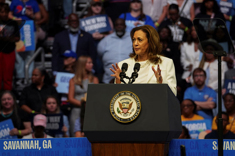 Democratic presidential nominee and U.S. Vice President Kamala Harris speaks during a campaign rally in Savannah, Georgia, US, 29 August, 2024.