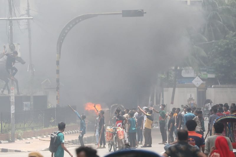 Clashes break out between protestors and a combined force of the police and the ruling party Awami League, alongside its affiliates at different parts in Dhaka on 4 August 2024.