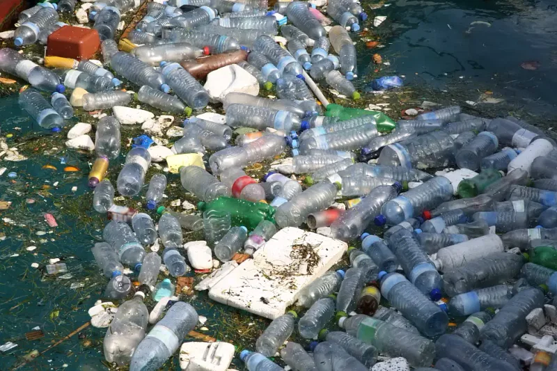 Plastic waste floating on water