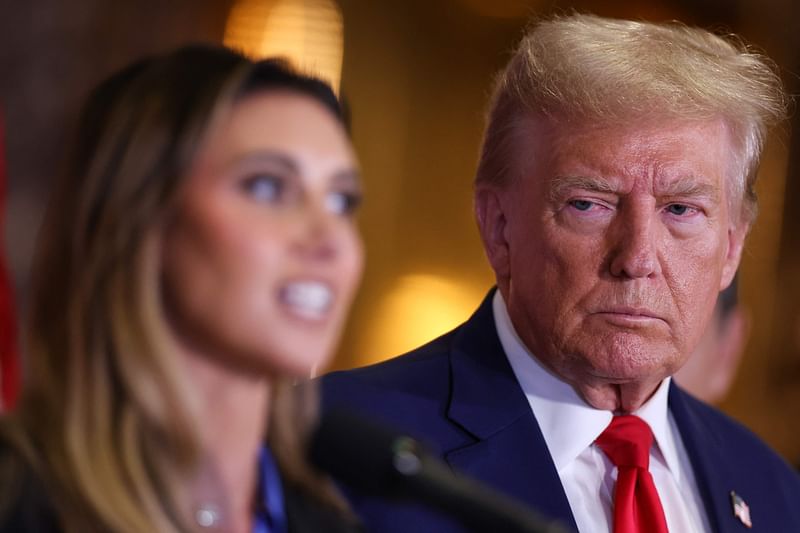 (L-R) Attorney Alina Habba speaks as US former President and Republican presidential candidate Donald Trump looks on during a press conference at Trump Tower in New York City on 6 September, 2024.