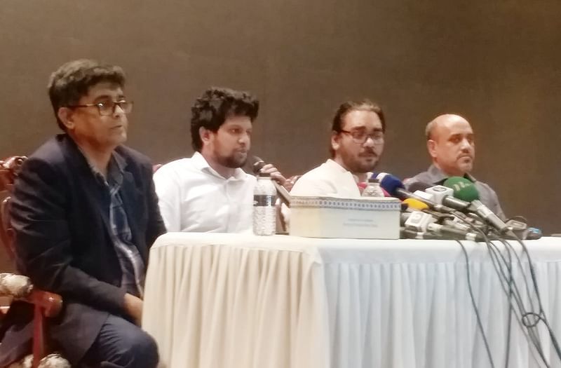 Special assistant to chief adviser of the interim government Mahfuz Alam (2nd from left)  briefs the journalists at a press conference at the Foreign Service Academy in Dhaka on 8 September 2024.