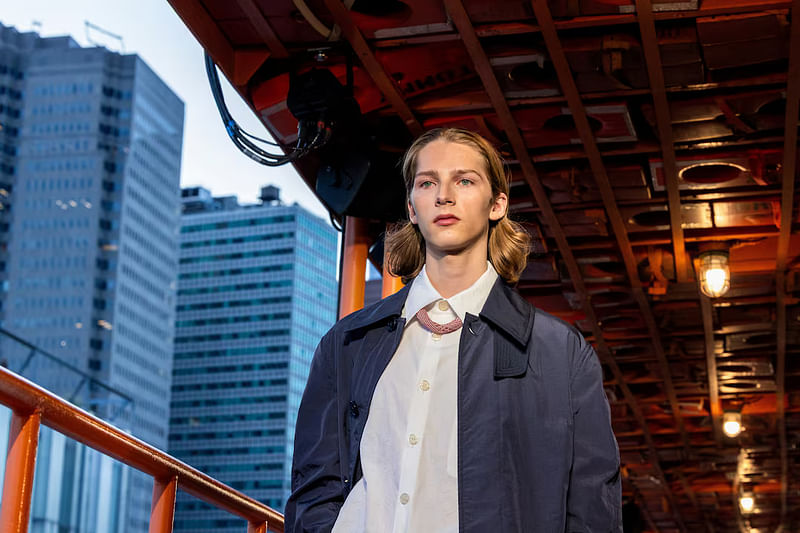 A model presents a creation from the SS25 Tommy Hilfiger collection on the MV John F Kennedy, a decommissioned Staten Island ferryboat in Manhattan, New York City, US, 8 September, 2024.