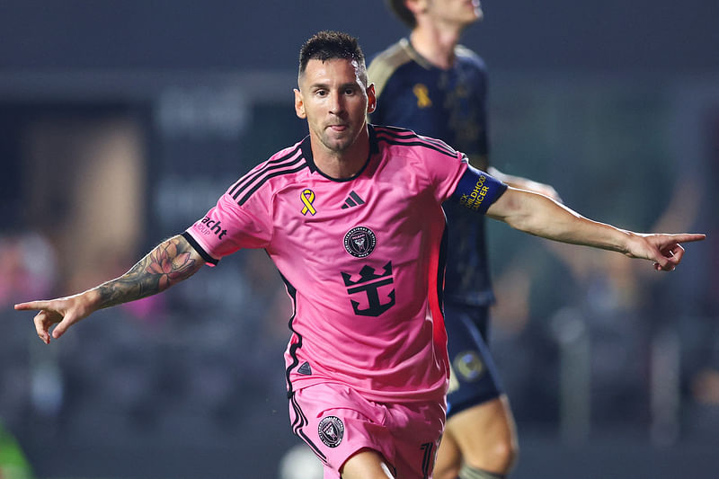 Lionel Messi #10 of Inter Miami celebrates after scoring a goal against the Philadelphia Union during the first half of the game at Chase Stadium on 14 September, 2024 in Fort Lauderdale, Florida.