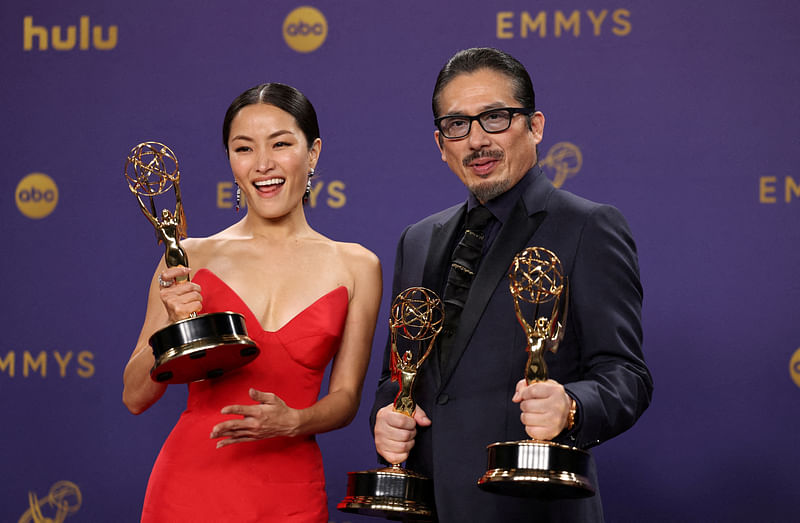 Anna Sawai, winner the Outstanding Lead Actress in a Drama Series award and Hiroyuki Sanada, Outstanding Lead Actor in a Drama Series for "Shogun", which was awarded with the Emmy for Outstanding Drama Series, pose at the 76th Primetime Emmy Awards in Los Angeles, California, US, 15 September 2024.