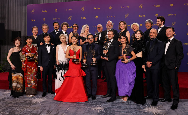 Anna Sawai, winner of the Outstanding Lead Actress in a Drama Series for "Shogun", Hiroyuki Sanada, Outstanding Lead Actor in a Drama Series for "Shogun" and cast and crew of the series, pose at the 76th Primetime Emmy Awards in Los Angeles, California, US, 15 September 2024.