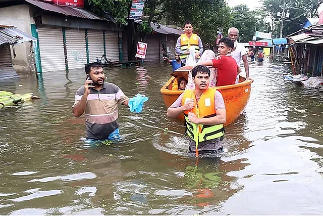 Due to dams in India, downstream Bangladesh faces droughts in the dry season and then is suddenly flooded in the rains