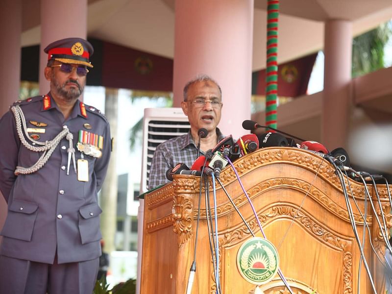 Lt Gen (retd) Jahangir Alam Chowdhury addresses the closing parade of the 40th BCS (Ansar) cadre officers and the 25th batch (male) recruit sepoy basic training at Safipur of Gazipur on 18 September, 2024..