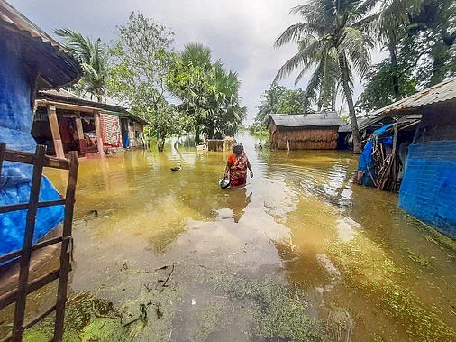 From the incessant rainfall of four days, many areas in Dumuria area of Khulna have been submerged. Houses has been waterlogged. Photo taken from  Beel Abad area in the Dumuria on 17 September 2024.