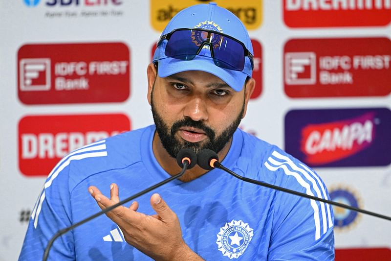 India's captain Rohit Sharma attends a press conference at the M.A. Chidambaram Stadium in Chennai on September 17, 2024, ahead of their first cricket Test match against Bangladesh.