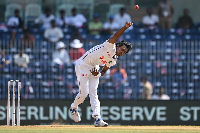 Bangladesh's Hasan Mahmud bowls during the second day of the first Test cricket match between India and Bangladesh at the MA Chidambaram Stadium in Chennai on 20 September, 2024.