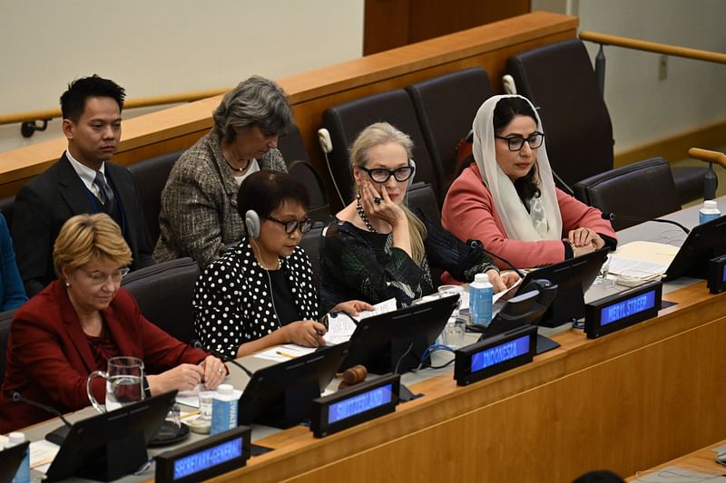 US actress Meryl Streep (2R) attends an event on ‘The Inclusion of Women in the Future of Afghanistan’ on the sidelines of the United Nations General Assembly at UN Headquarters in New York City on 23 September, 2024