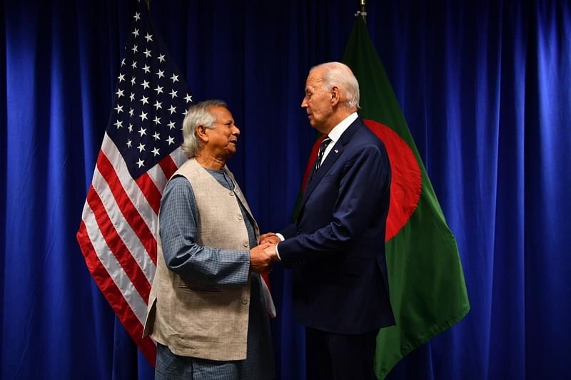 Bangladesh’s interim leader Muhammad Yunus speaks next to US President Joe Biden (R) in New York City on 24 September, 2024