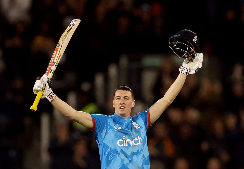 England’s Harry Brook celebrates after reaching his century in the third One Day International against Australia at Riverside Ground, Chester-le-Street, Britain on 24 September, 2024