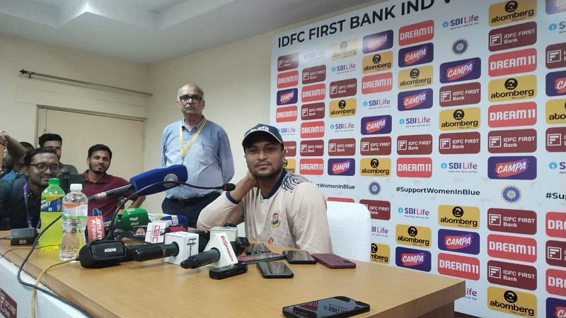 Shakib Al Hasan speaks to the media in India on 26 September, 2024.