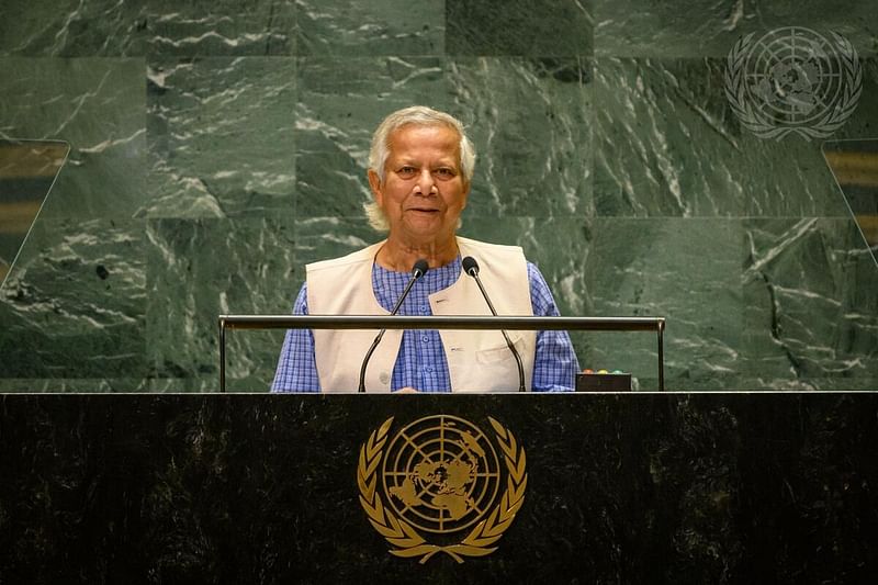 Dr Muhammad Yunus speaks at the United Nations General Assembly on 27 September, 2024.