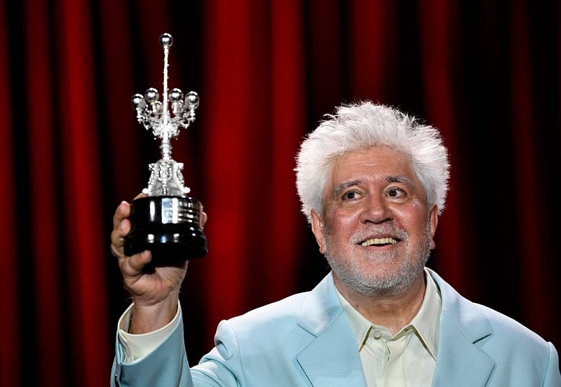 Spanish director Pedro Almodovar smiles after receiving the Donostia Lifetime Achievement Award in recognition of his distinguished film career, during the 72nd San Sebastian International Film Festival in the northern Spanish Basque city of San Sebastian on 26 September, 2024.