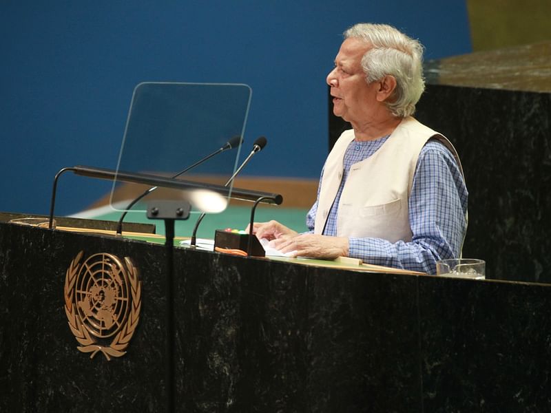 Dr Muhammad Yunus speaks at the United Nations General Assembly in the United States on 27 September, 2024.