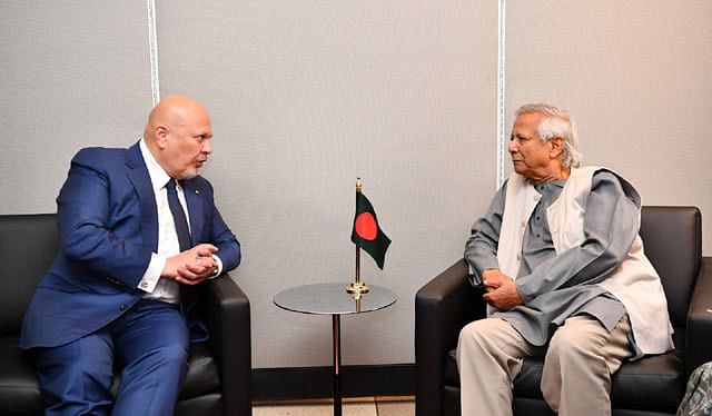 Chief prosecutor of the International Criminal Court Karim A. A. Khan calls on chief adviser Dr. Muhammad Yunus on the sidelines of the UN General Assembly at the UN Headquarters in New York on 26 September 2024