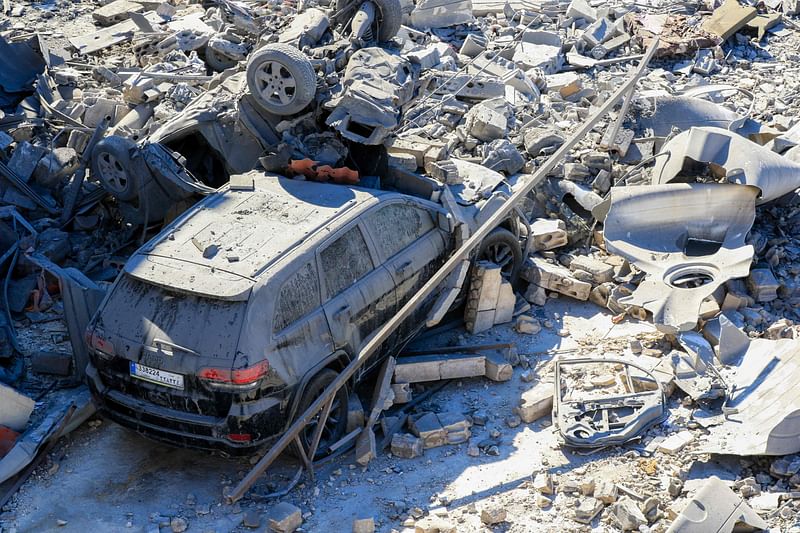 This picture shows the destruction in a area targeted overnight by Israeli airstrikes in Lebanon's town of Saksakiyeh, on 26 September, 2024.