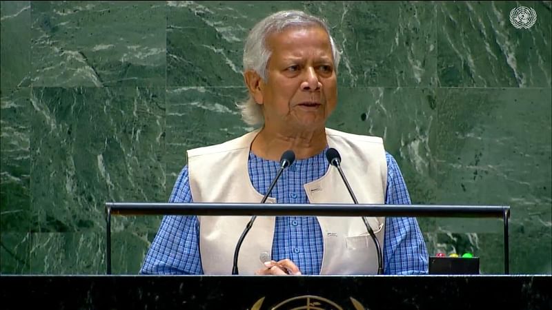 Professor Muhammad Yunus speaks at the United Nations General Assembly on 27 September, 2024.