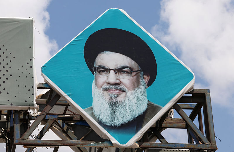 A sign depicting Lebanon's Hezbollah leader Sayyed Hassan Nasrallah is placed in the southern port city of Tyre, Lebanon on 30 July 2024.