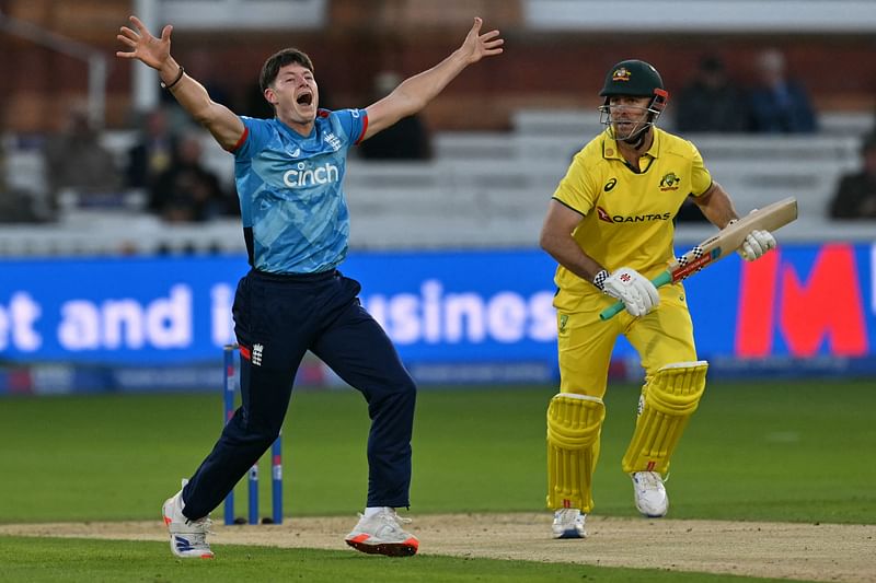 England's Matthew Potts unsuccessfully appeals for the wicket of Australia's captain Mitchell Marsh (unseen) during the fourth One Day International (ODI) cricket match between England and Australia at Lord's in London on 27 September, 2024.