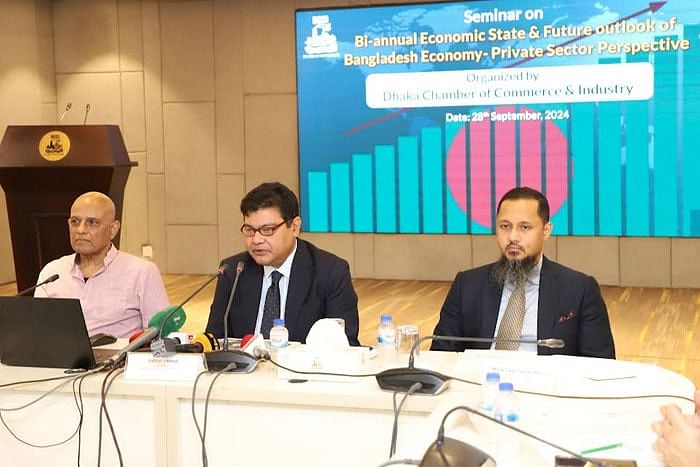 Speakers addressing at a seminar on “Bi-annual Economic State & Future Outlook of Bangladesh Economy-Private Sector Perspective” held at Dhaka Chamber of Commerce and Industry (DCCI) auditorium in the capital on Saturday.