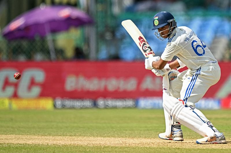 India’s Yashasvi Jaiswal watches the ball after playing a shot during the fourth day of the second Test cricket match between India and Bangladesh at the Green Park Cricket Stadium in Kanpur on 30 September 2024